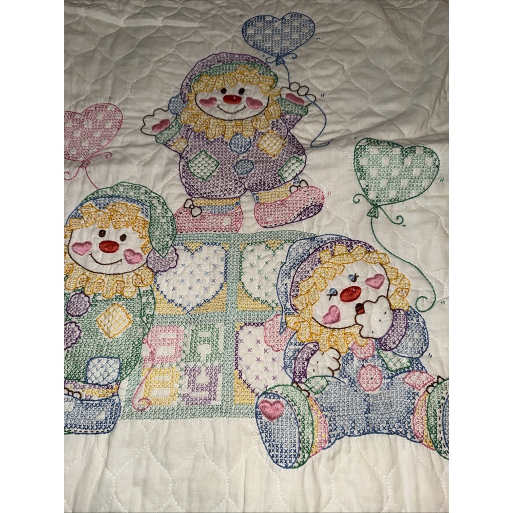 Sweet Dreams Baby Quilt Cross Stitch Throw Blanket‎ Clowns Balloons vintage - Picture 3 of 8